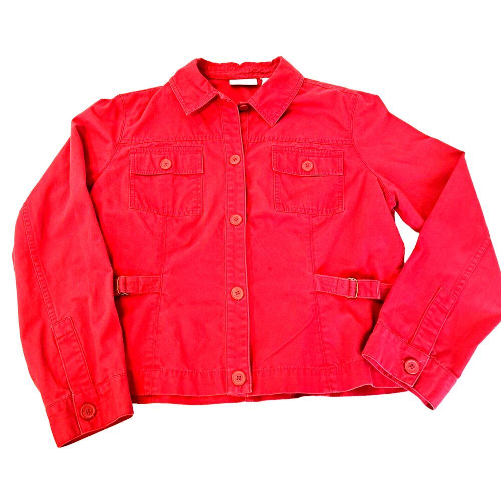 Liz‎ Claiborne Red Jacket Women's L 100% Cotton Buckles Buttons Valentine's Day